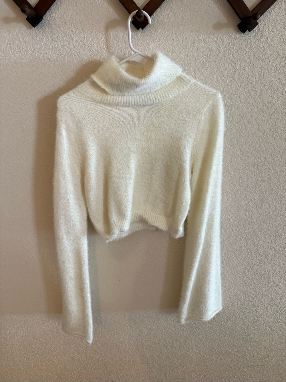 SHEIN Cream Cropped Fuzzy Turtleneck Sweater